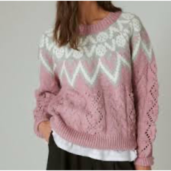 Lucky Brand Fair Isle Print Sweater Women's Size Medium Crochet Knit Pullover - Picture 1 of 16
